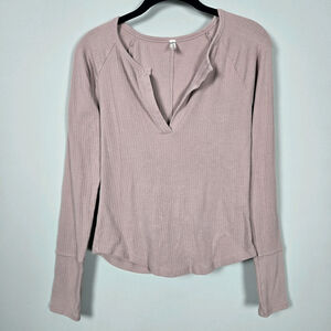 Free People Womens Billie Ribbed V Neck Long Sleeve Top Large Pink Layers Indie